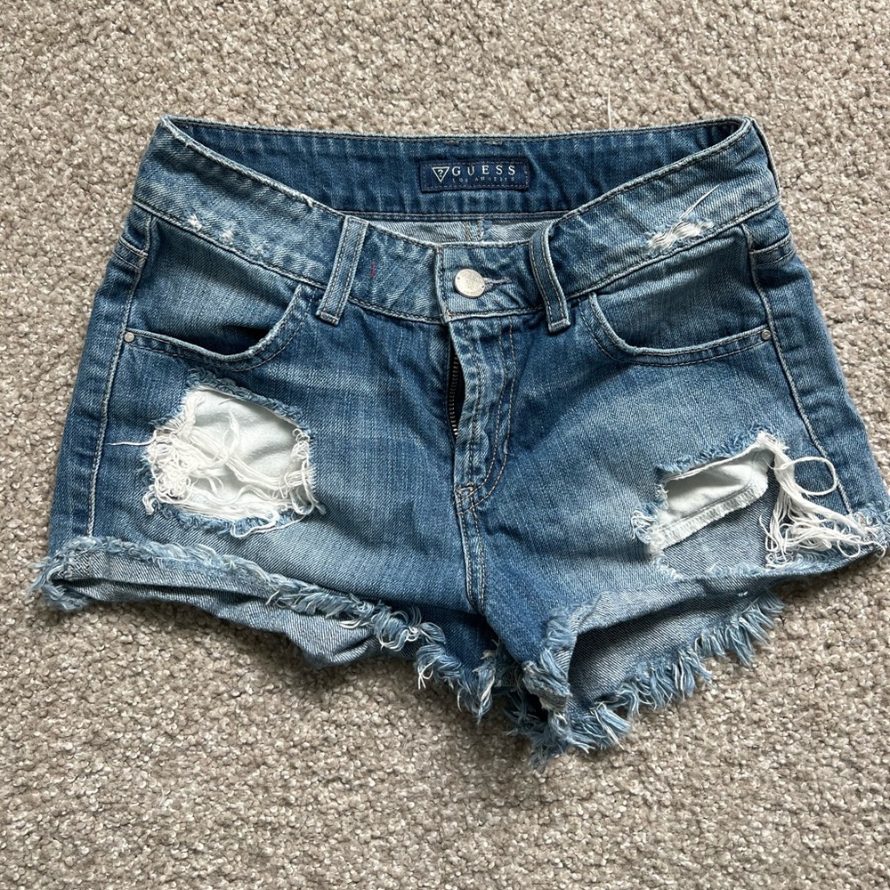 Guess distressed high waisted shorts medium wash